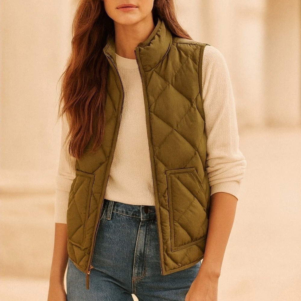 J. Crew Down Filled Quilted Puffer Vest Cozy Full Zip Olive Green Size Small